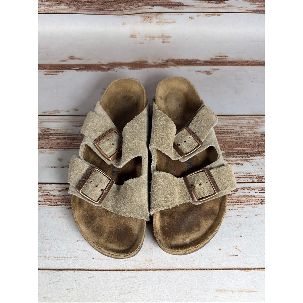 Birkenstock Arizona EU37 US 6.5 Suede Double Buckle Slide Sandals Beige - Picture 1 of 7